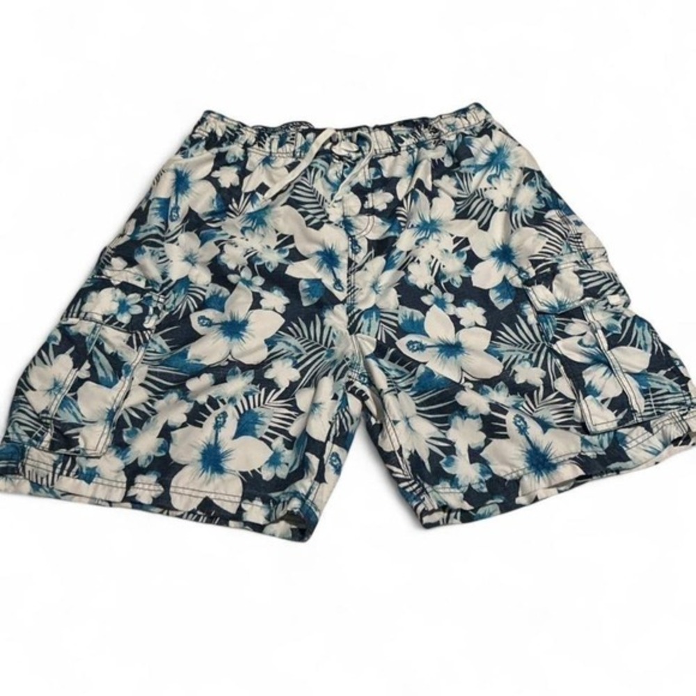 Kanu Surf Board Shorts Mens 2XL Blue White Floral Hibiscus Cargo Swim Trunks
